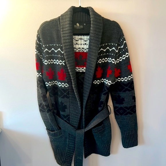Fair Isle Patterned Maple Leaf Canadian Flag Knit Open Front Cardigan w/Tie sz S - Picture 1 of 9